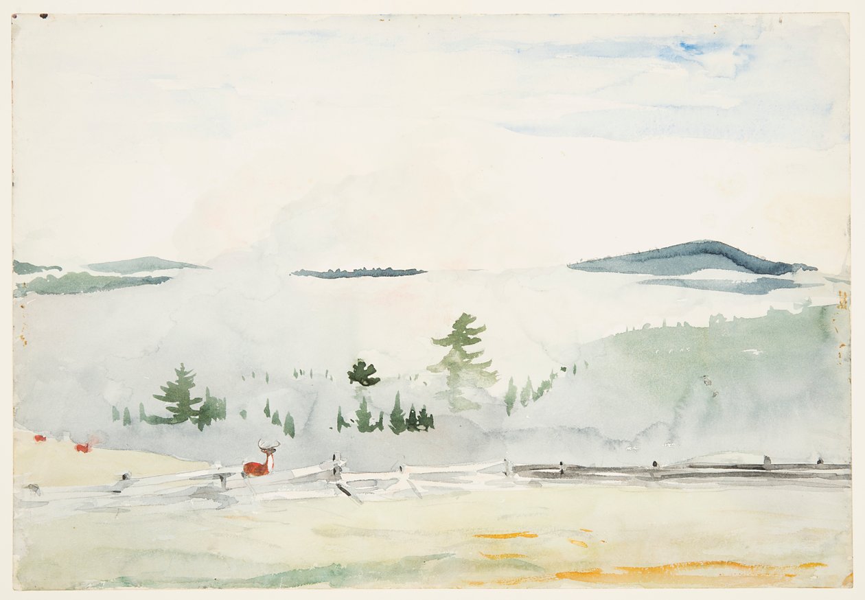 Landskab med hjorte i en morgendis af Winslow Homer