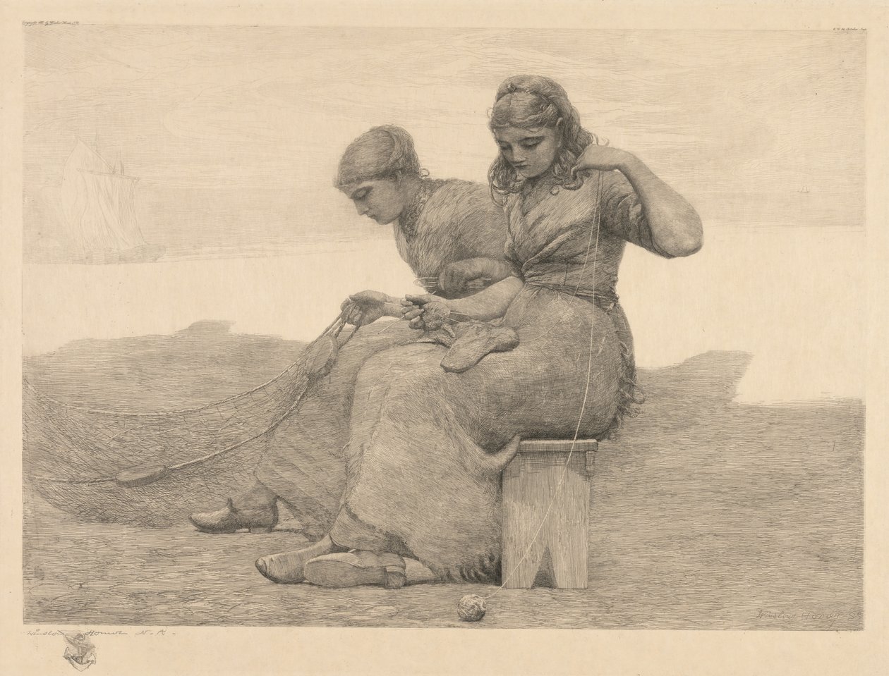 Mending the Tears, 1888. af Winslow Homer