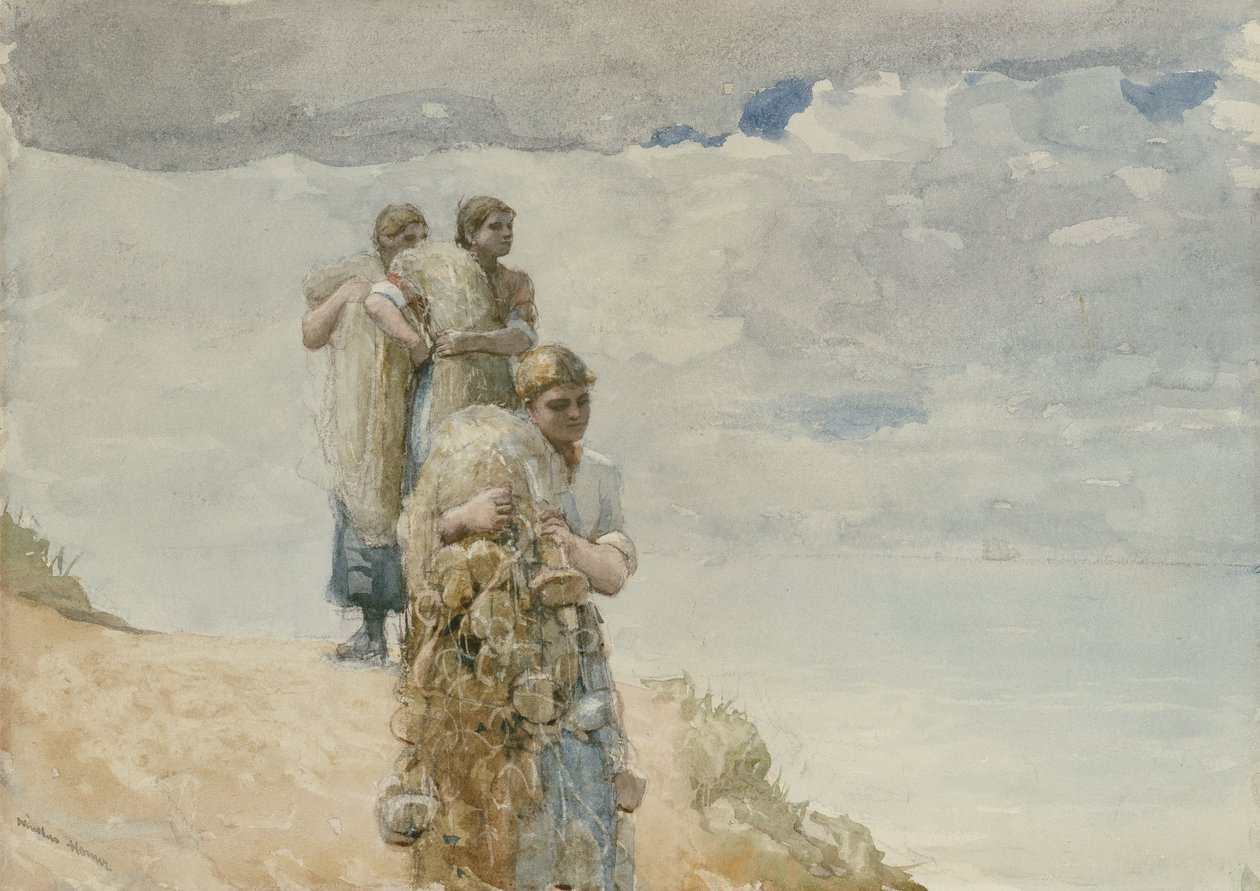 On The Cliff, Cullercoats, ca. 1881-82 (akvarel og kul på vævet papir) af Winslow Homer
