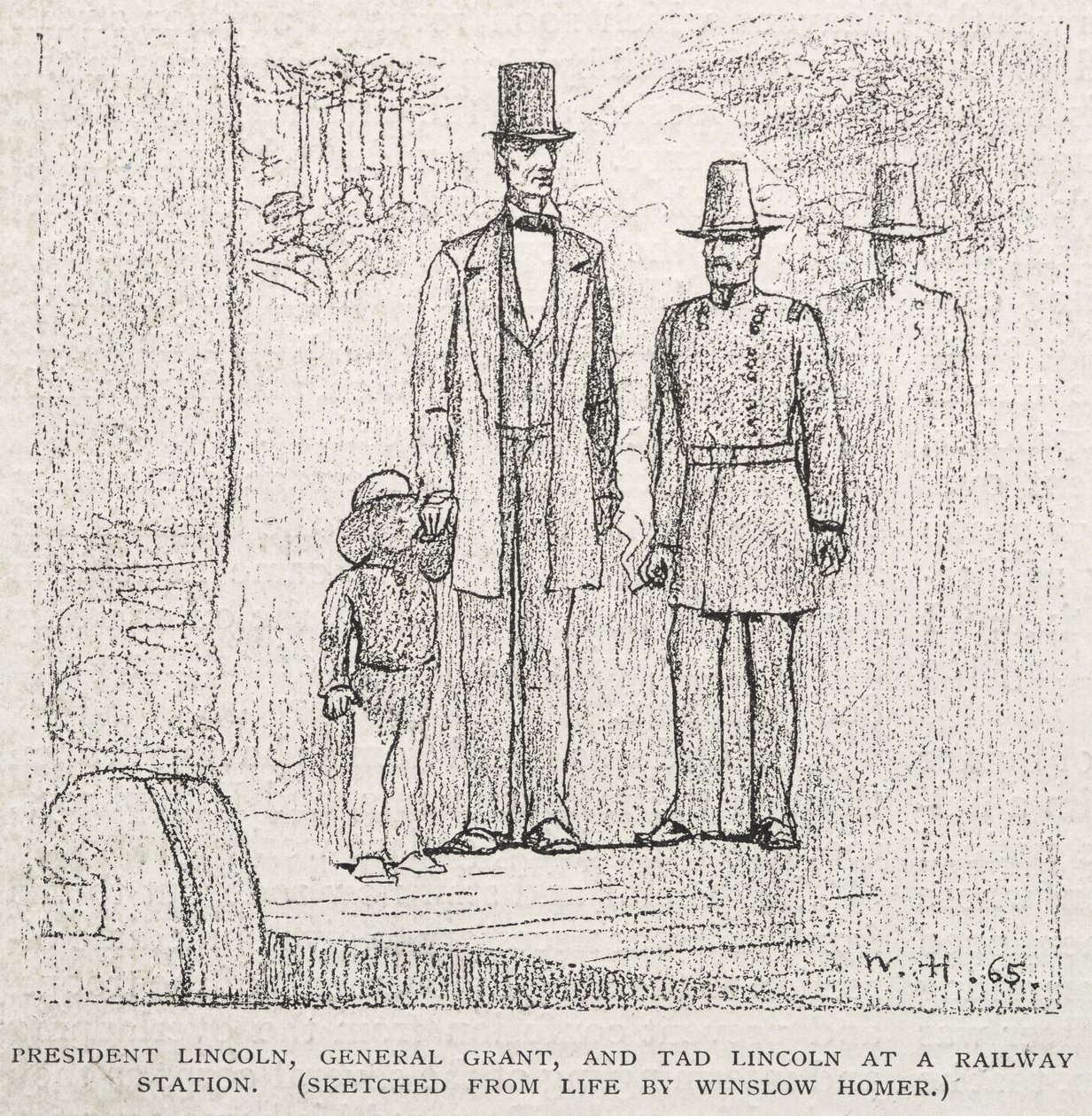 Præsident Lincoln, general Grant og Tad Lincoln på en togstation af Winslow Homer