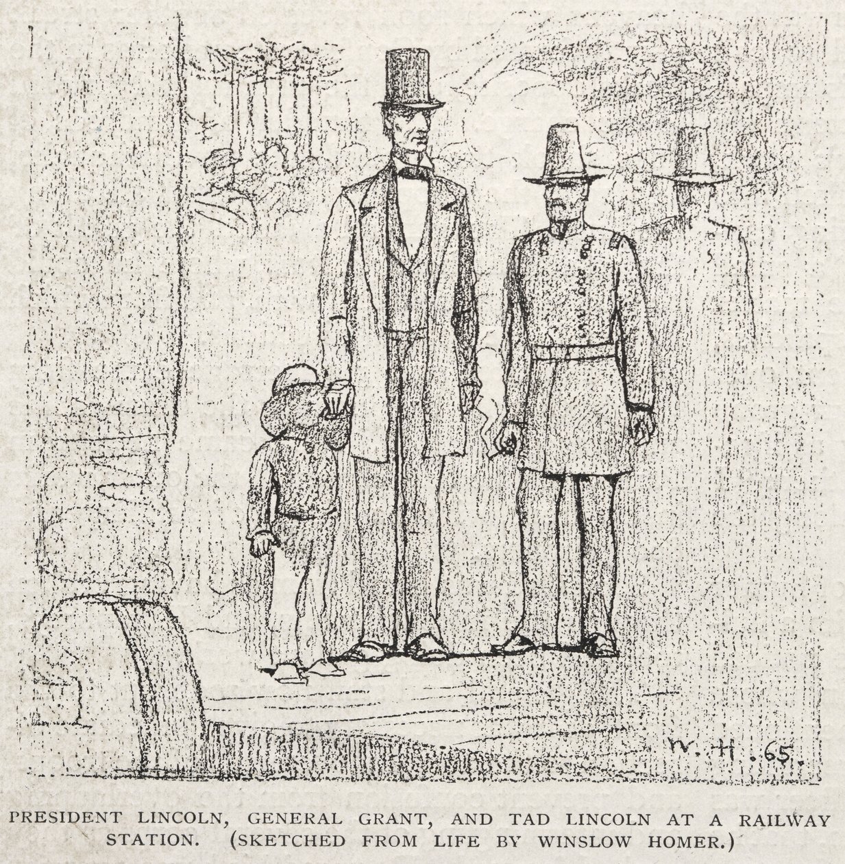 Præsident Lincoln, General Grant og Tad Lincoln på en jernbanestation, 1887. af Winslow Homer