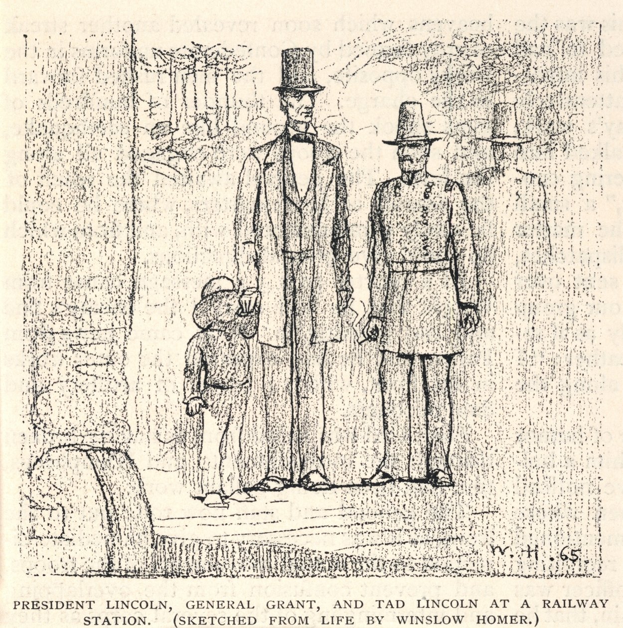 Præsident Lincoln, general Grant og Tad Lincoln på en jernbanestation, fra The Century Magazine, november 1887 af Winslow Homer