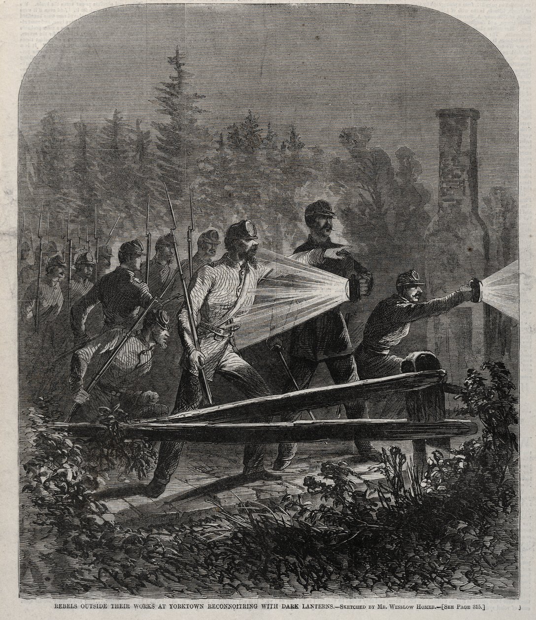 Oprørere uden for deres befæstninger ved Yorktown på rekognosceringsopgave med mørke lanterner af Winslow Homer