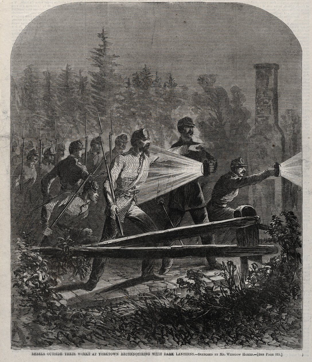 Oprørere uden for deres værker i Yorktown Rekognoscering med mørke lanterner, 1862. af Winslow Homer