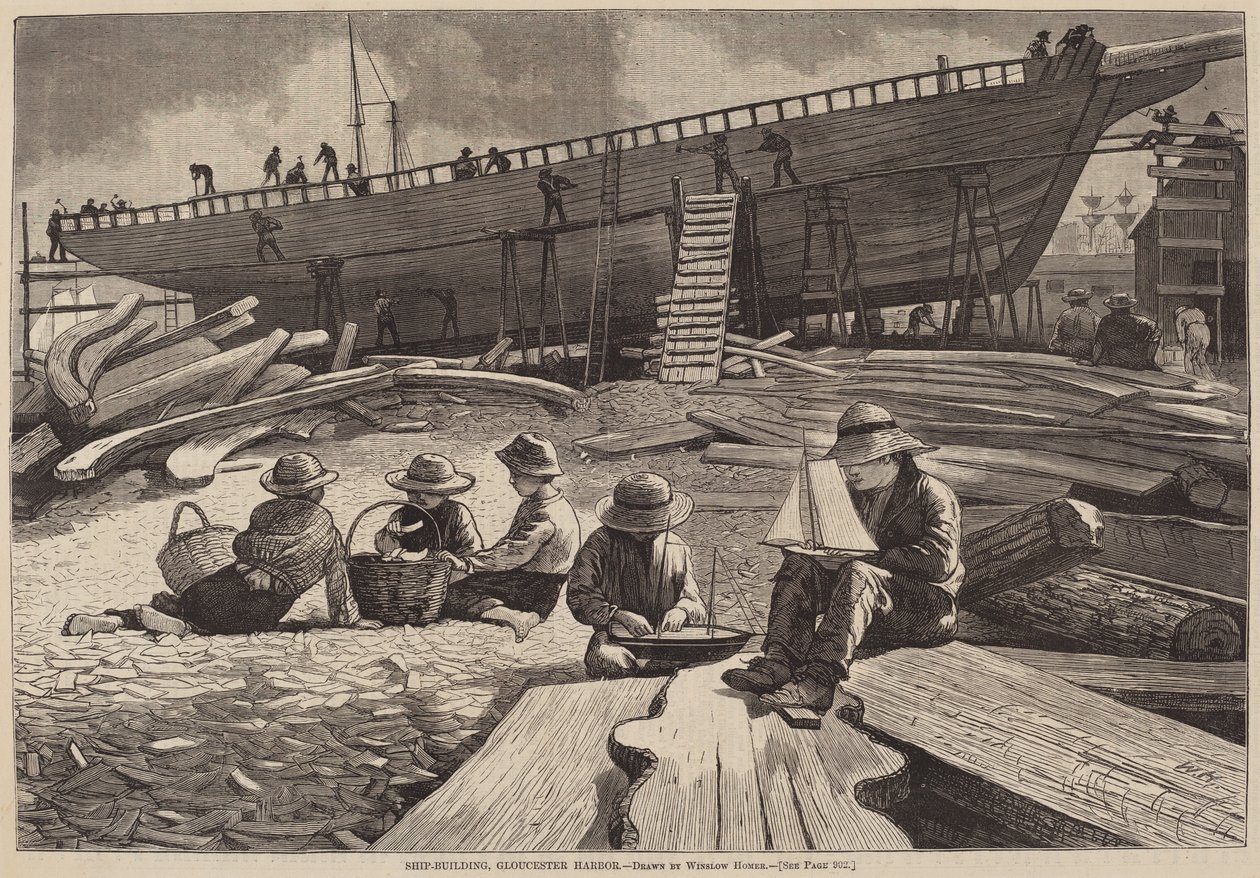 Ship-Building, Gloucester Harbor, udgivet 1873. af Winslow Homer