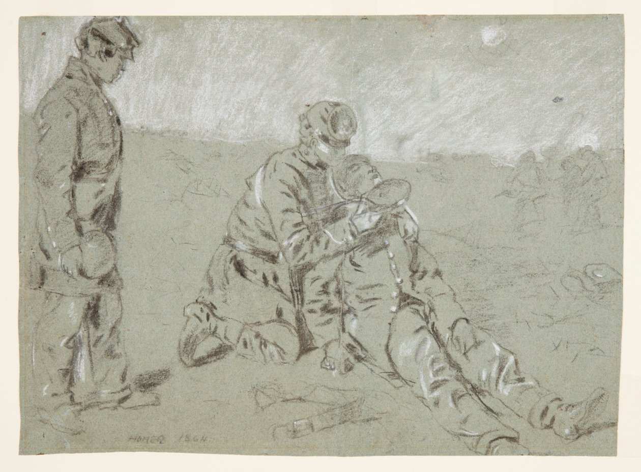 Soldat giver vand til en såret ledsager af Winslow Homer