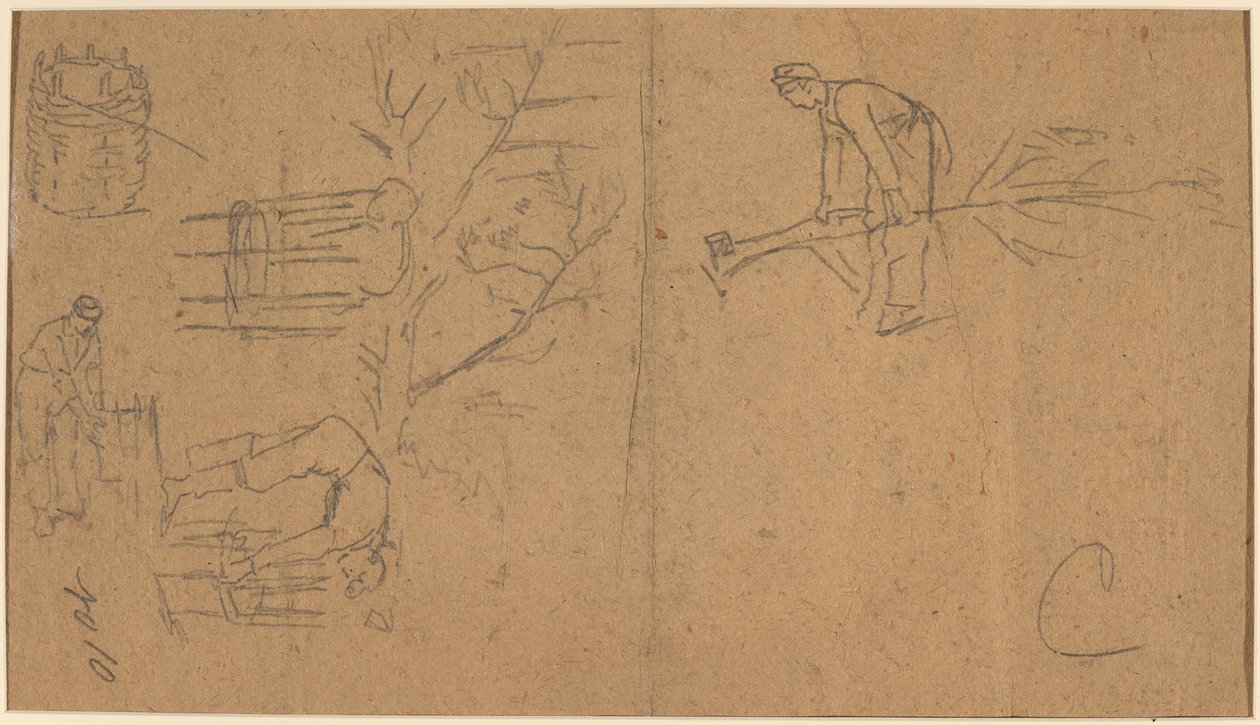 Soldater, der fælder unge træer og væver unge træer i kurve [verso], 1862. af Winslow Homer
