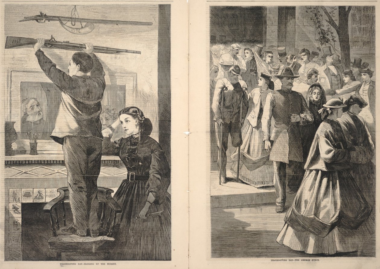 Thanksgiving Day--Hanging up the Musket/Thanksgiving Day--The Church Porch, fra Frank Leslie