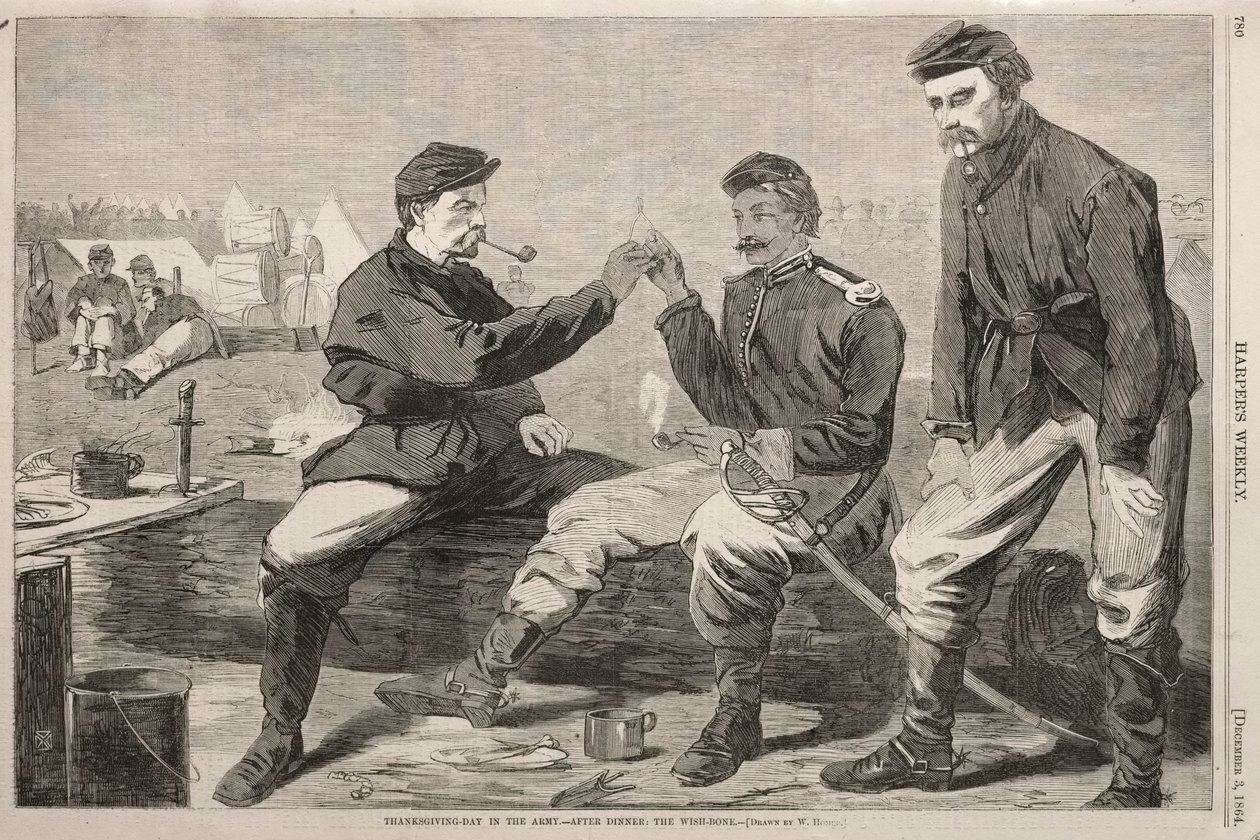 Thanksgiving Day in the Army - After Dinner: The Wish-Bone, 1864. af Winslow Homer