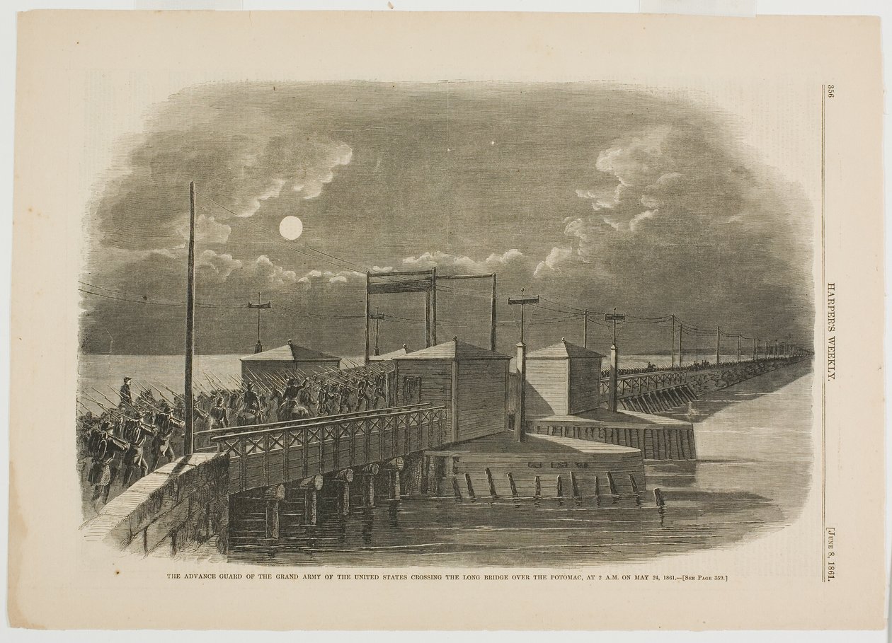 Den fremskudte garde fra Grand Army of the United States krydser Long Bridge over Potomac kl. 2 om morgenen den 24. maj 1861. af Winslow Homer