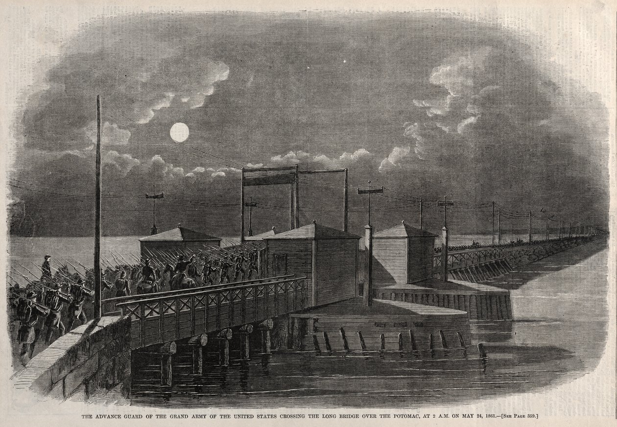 Forpoststyrken fra De Forenede Staters Store Hær krydser den lange bro over Potomac-floden kl. 02.00 den 24. maj 1861 af Winslow Homer