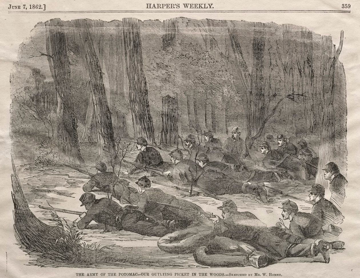 The Army of the Potomac - Our Outlying Picket in the Woods, 1862. af Winslow Homer