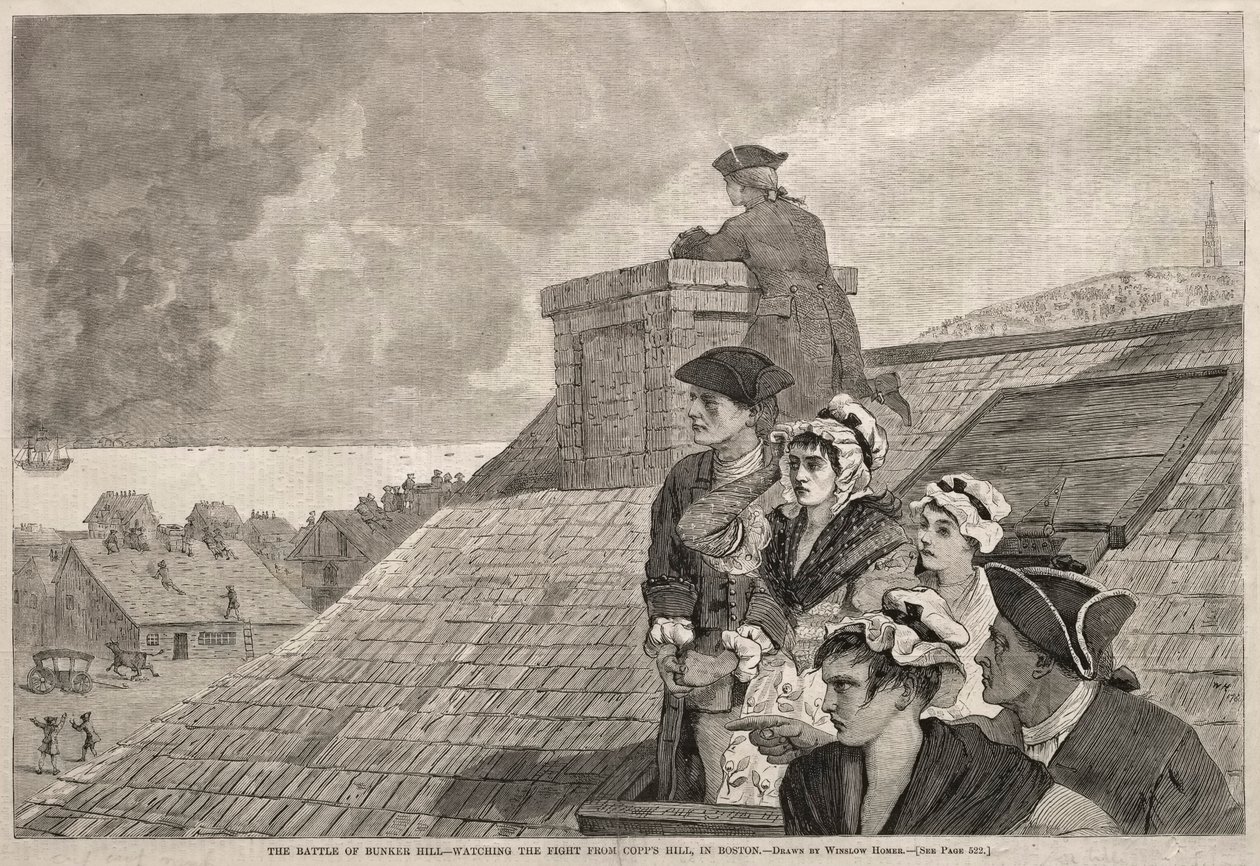 Slaget ved Bunker Hill - Se kampen fra Copps Hill i Boston, 1875. af Winslow Homer