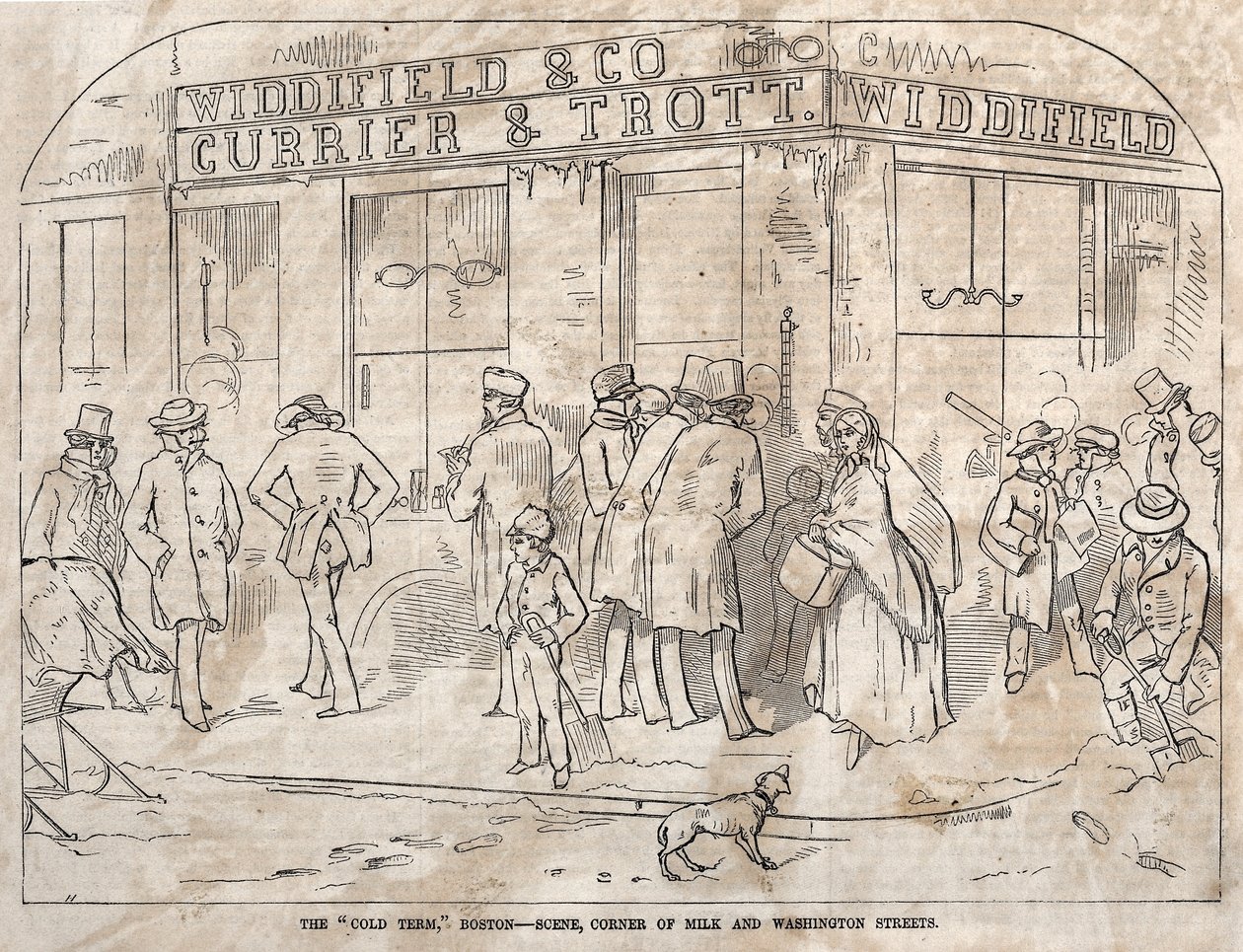 The Cold Term, Boston - Scene, Corner Milk and Washington Streets, 1858. af Winslow Homer