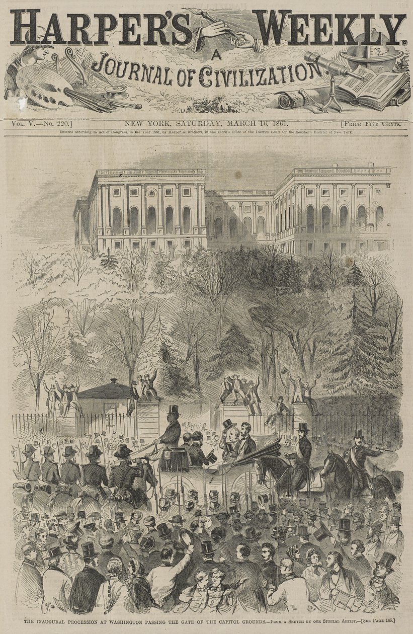 Den indledende procession i Washington passerer porten til Capitol Grounds (Fra en skitse af vores særlige kunstner), 1861 (trægravering) af Winslow Homer