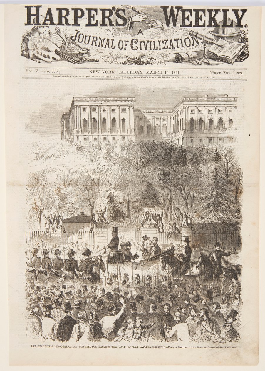 Den indledende procession i Washington passerer porten til Capitol Grounds, fra Harper