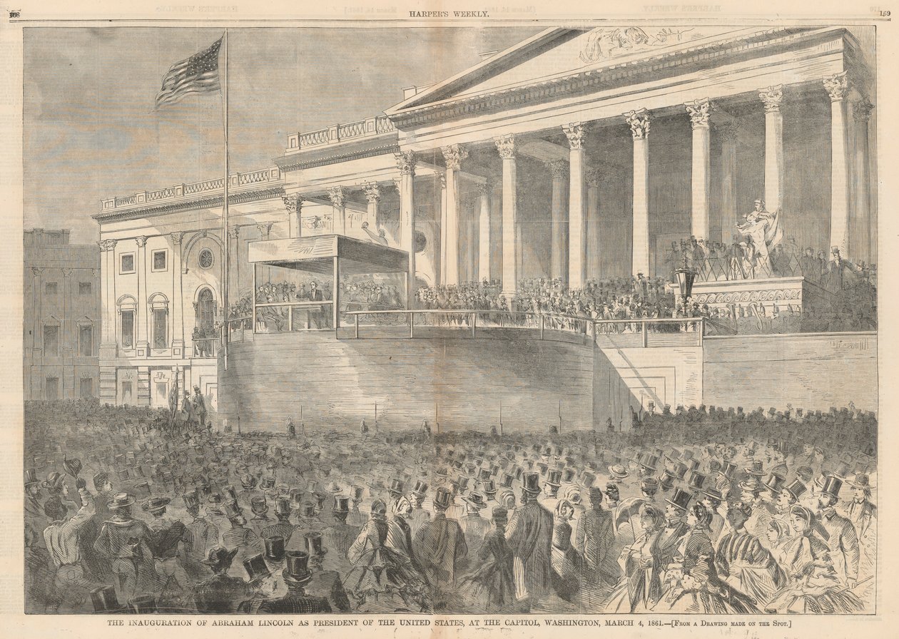 Indsættelsen af Abraham Lincoln som præsident for USA, ved Capitol, Washington, 4. marts 1861; fra Harper af Winslow Homer
