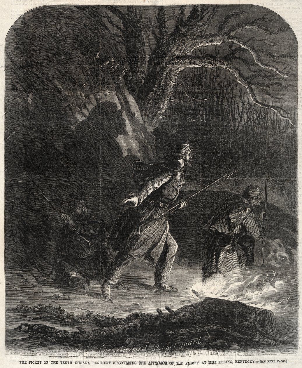 Vagten fra det 10. Indiana-regiment opdager oprørernes fremrykning ved Mill Spring, Kentucky af Winslow Homer