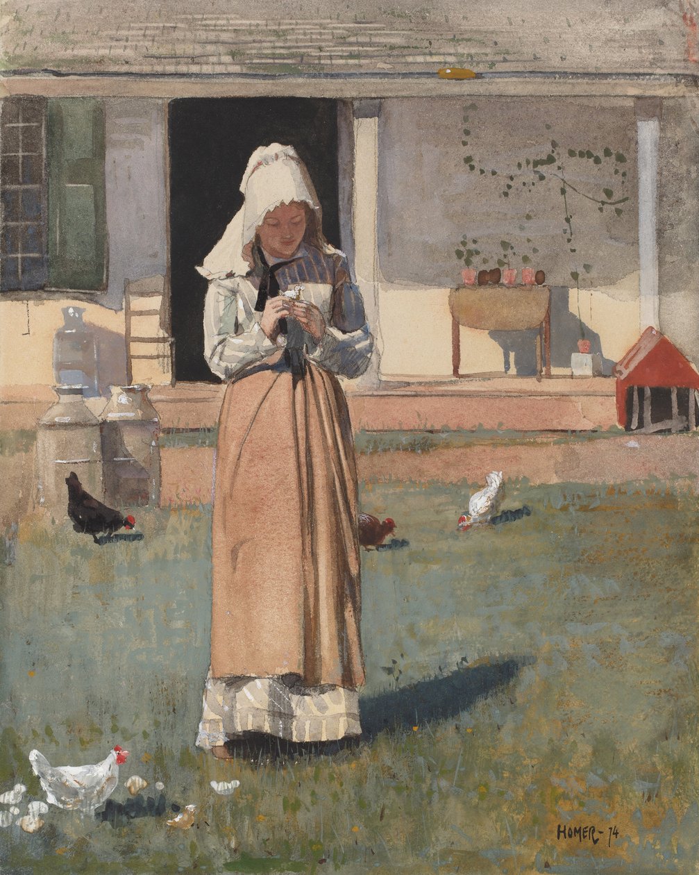 The Sick Chicken, 1874 (wc, gouache og grafit på vævet papir) af Winslow Homer