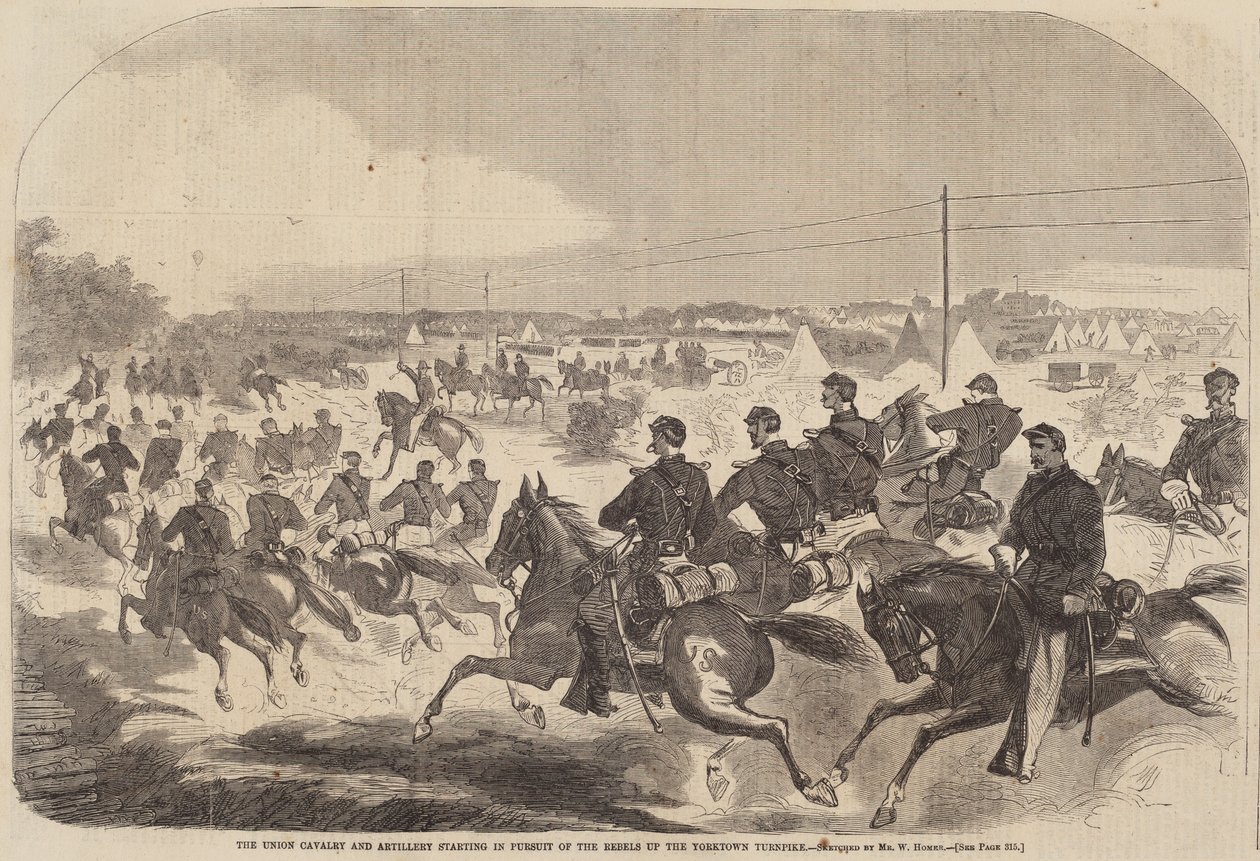 Unionens kavaleri og artilleri starter i jagten på oprørerne op ad Yorktown..., udgivet 1862 af Winslow Homer