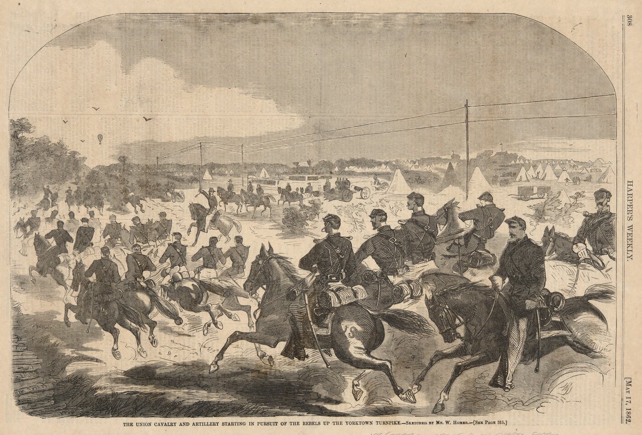 Unionens kavaleri og artilleri starter i jagten på oprørerne op ad Yorktown Turnpike, fra Harper af Winslow Homer