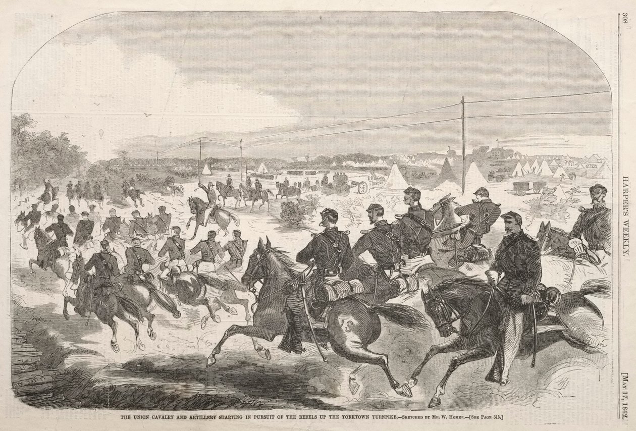 Unionens kavaleri og artilleri starter forfølgelsen af oprørerne op ad Yorktown Turnpike af Winslow Homer