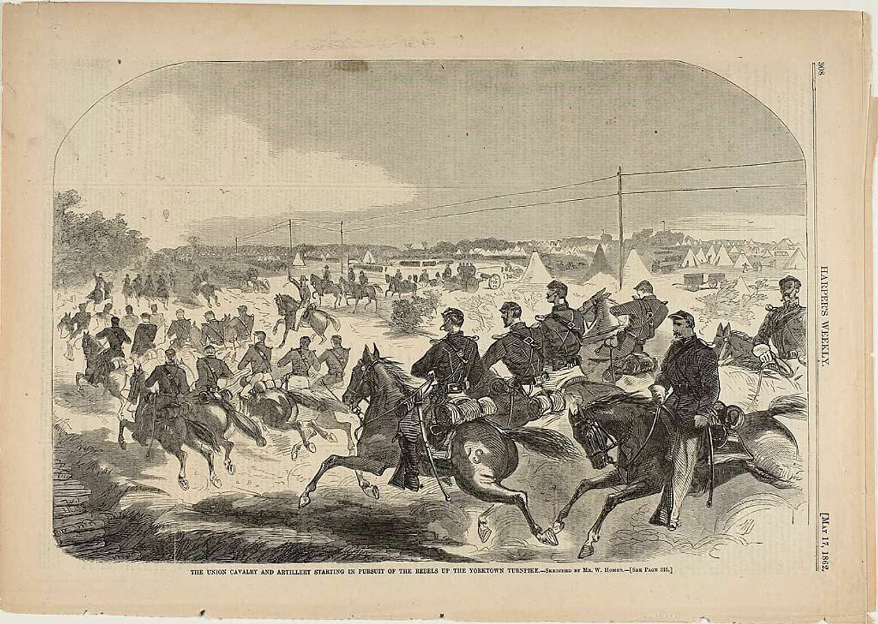 Unionens kavaleri og artilleri starter forfølgelsen af oprørerne op ad Yorktown Turnpike af Winslow Homer