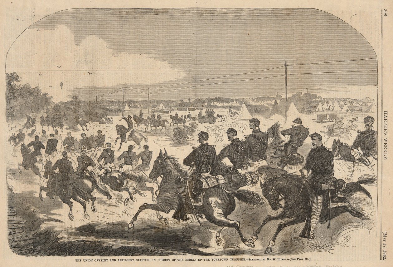 Unionens kavaleri og artilleri indleder forfølgelsen af rebellerne ad Yorktown Turnpike, fra Harper