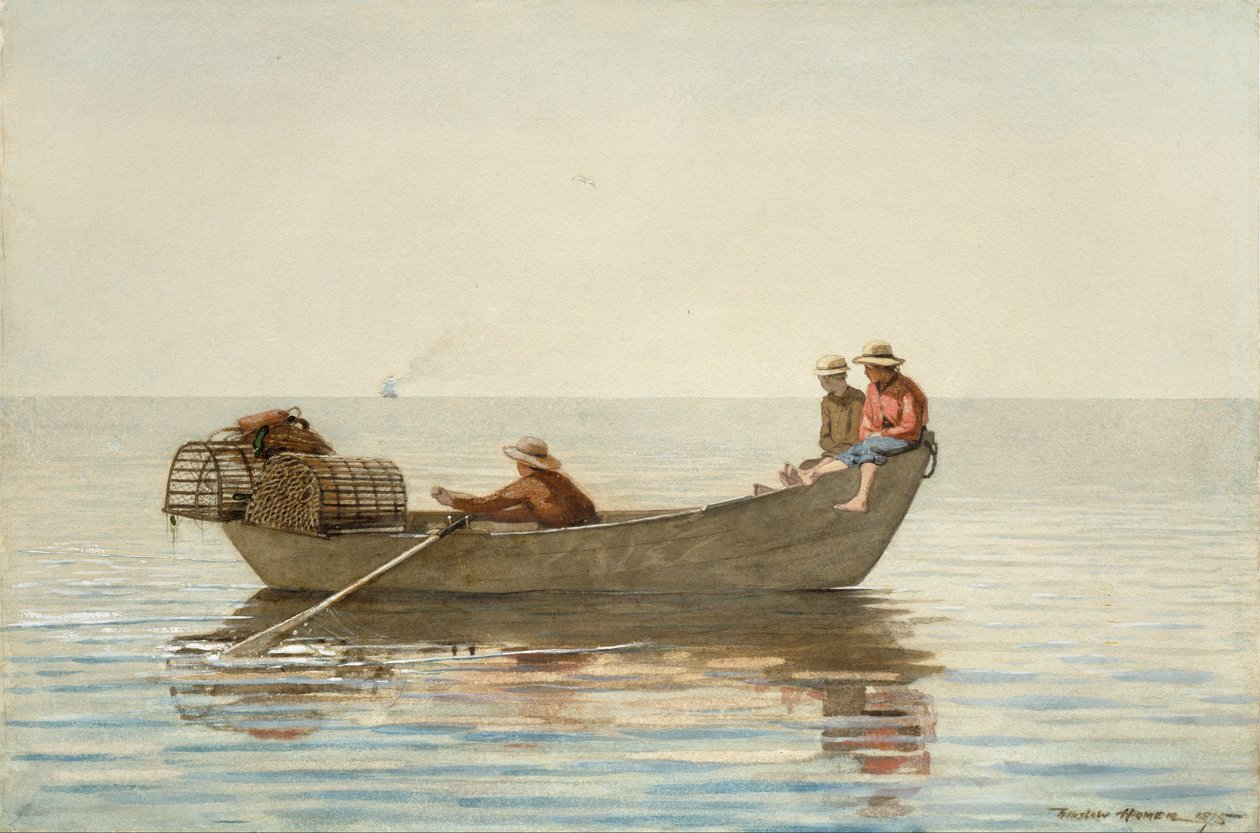 Tre drenge i en dory med hummerpotter af Winslow Homer