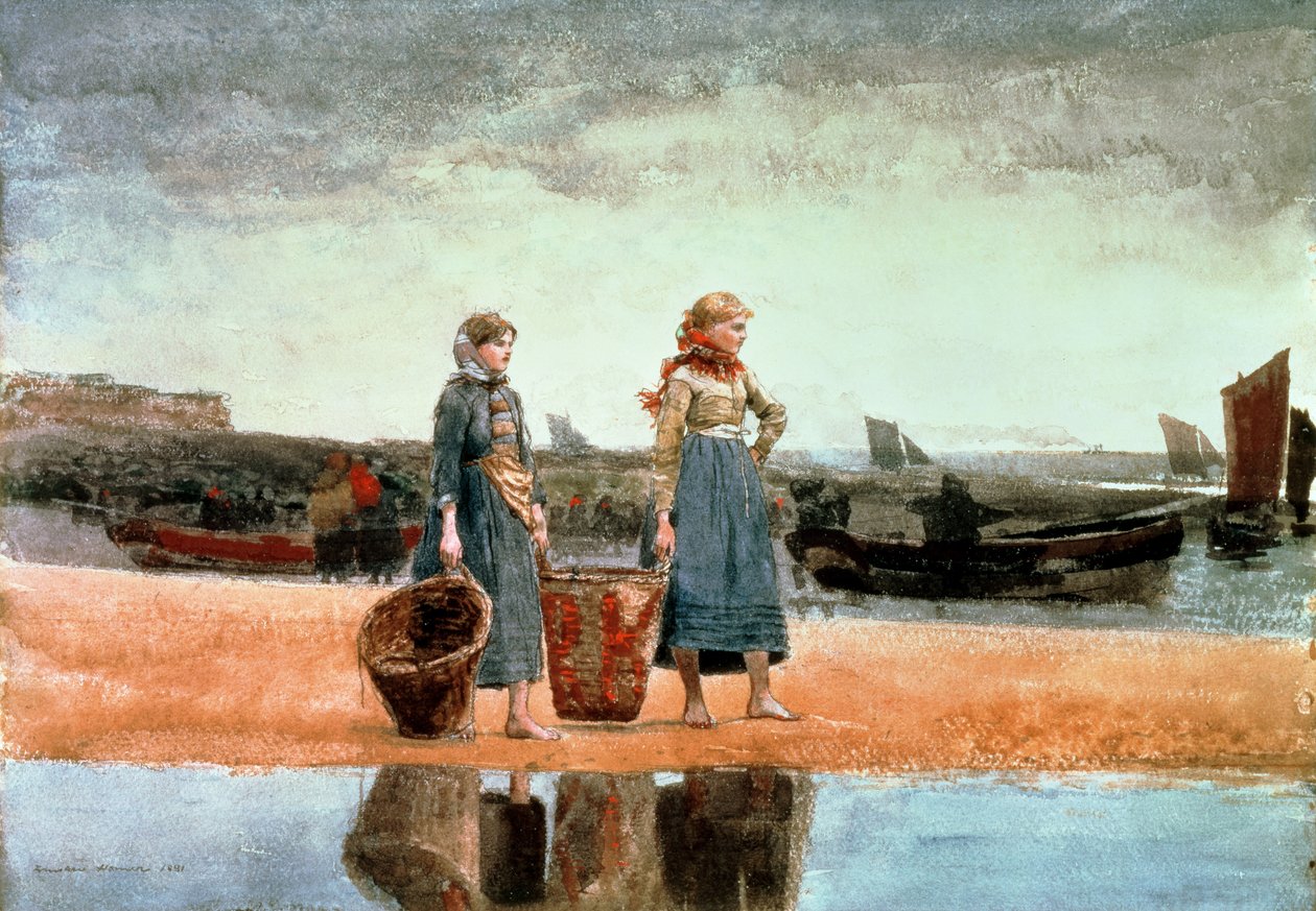 To piger på stranden, Tynemouth, 1891 af Winslow Homer