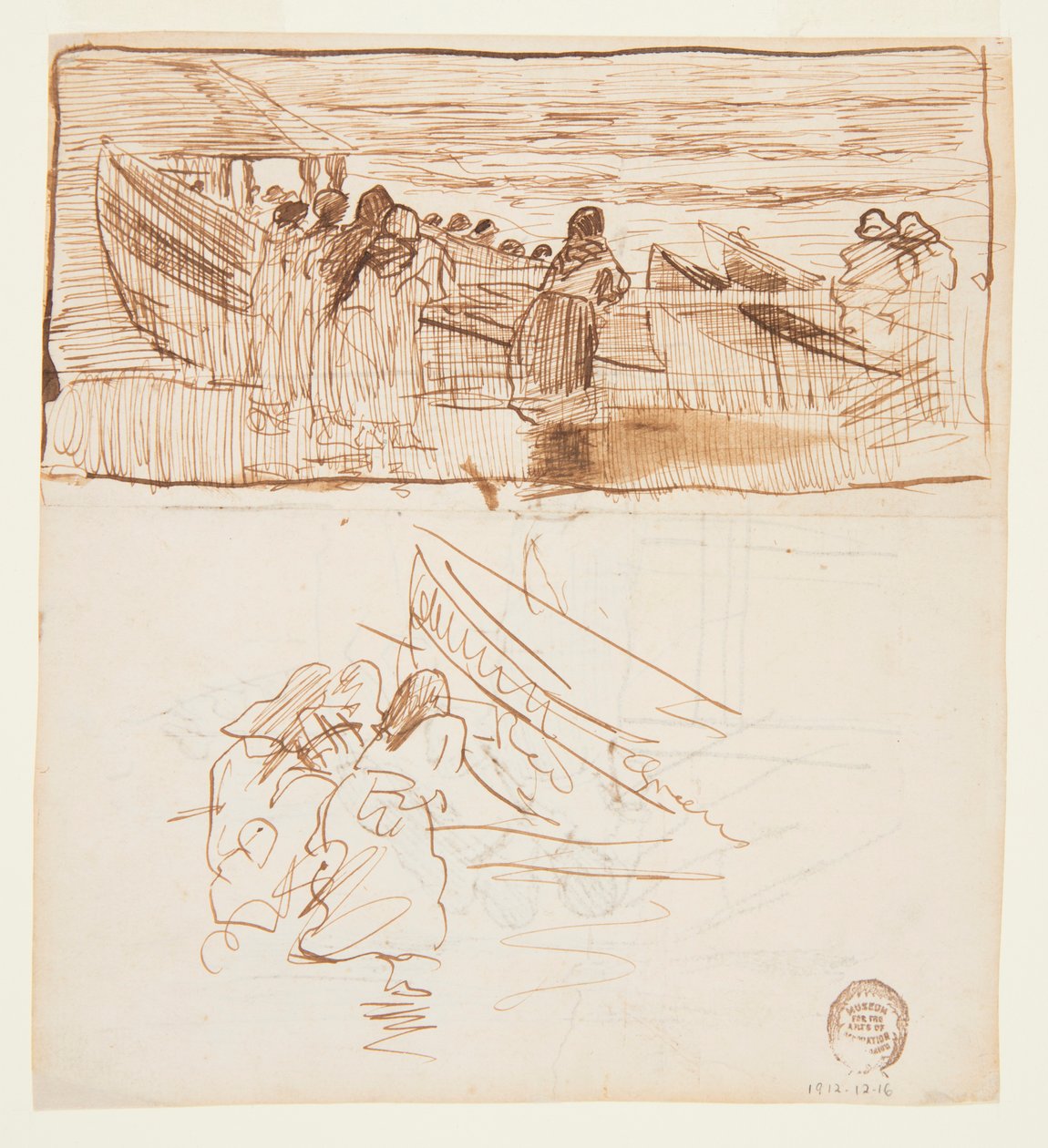 To undersøgelser af kvinder, der står bag rækværk, ser på lanceringen af dories, Cullercoats, England af Winslow Homer