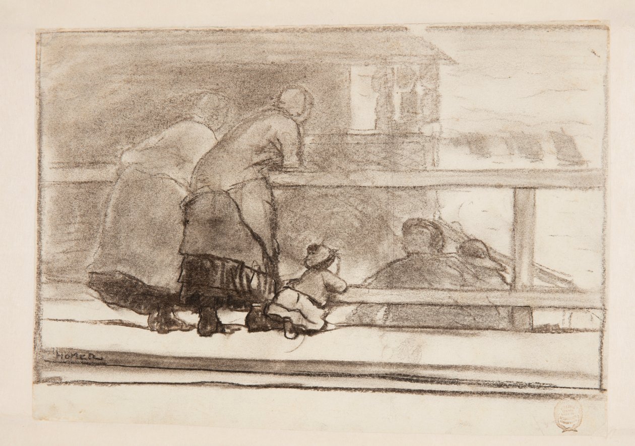 To kvinder og et barn ved en jernbane med udsigt over stranden ved Tynemouth af Winslow Homer