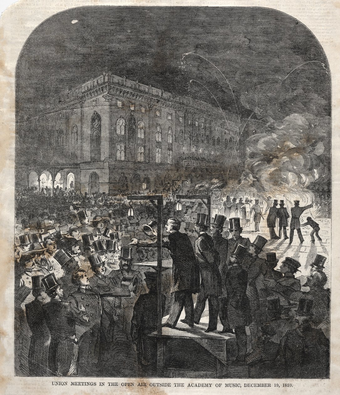 Fagforeningsmøde i det fri udenfor Musikakademiet, 1859. af Winslow Homer