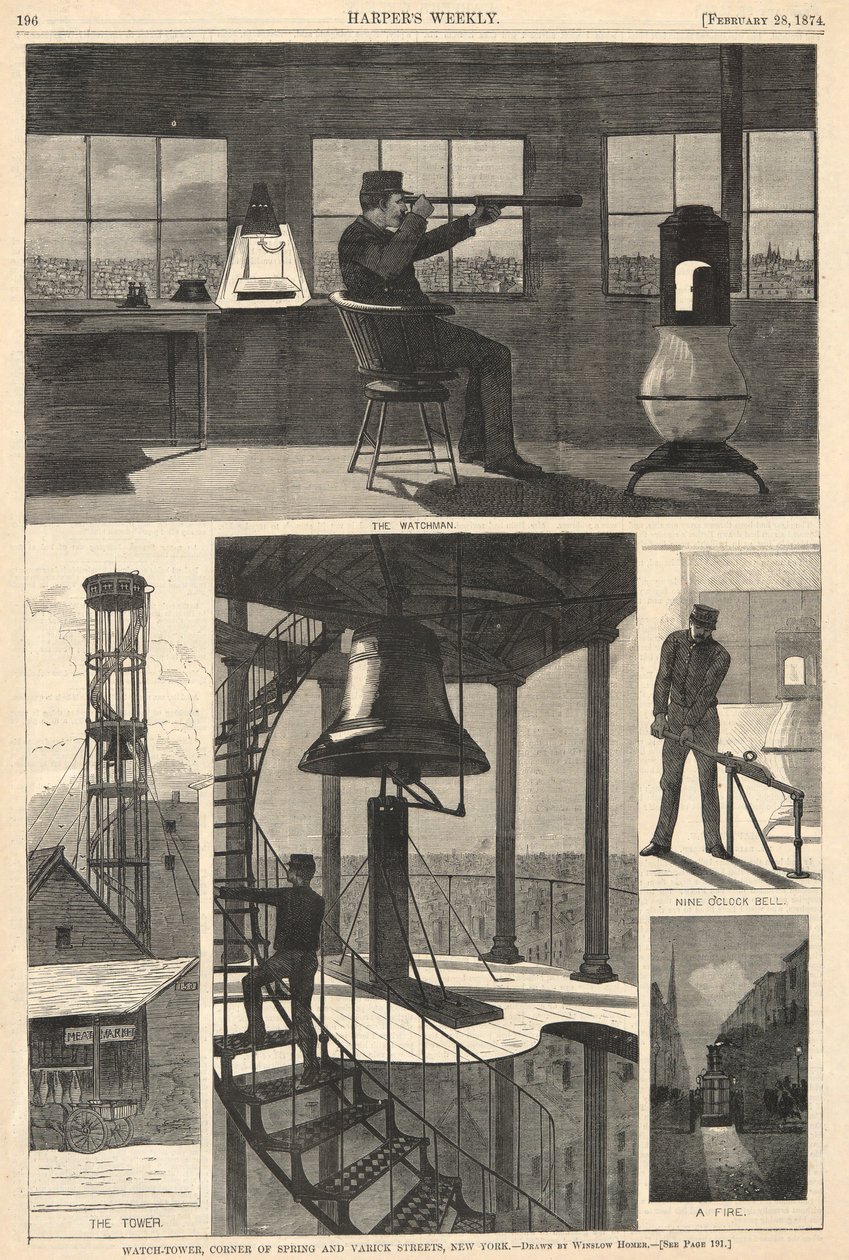 Watch-Tower, Corner of Spring og Varick Streets, New York, fra Harper af Winslow Homer