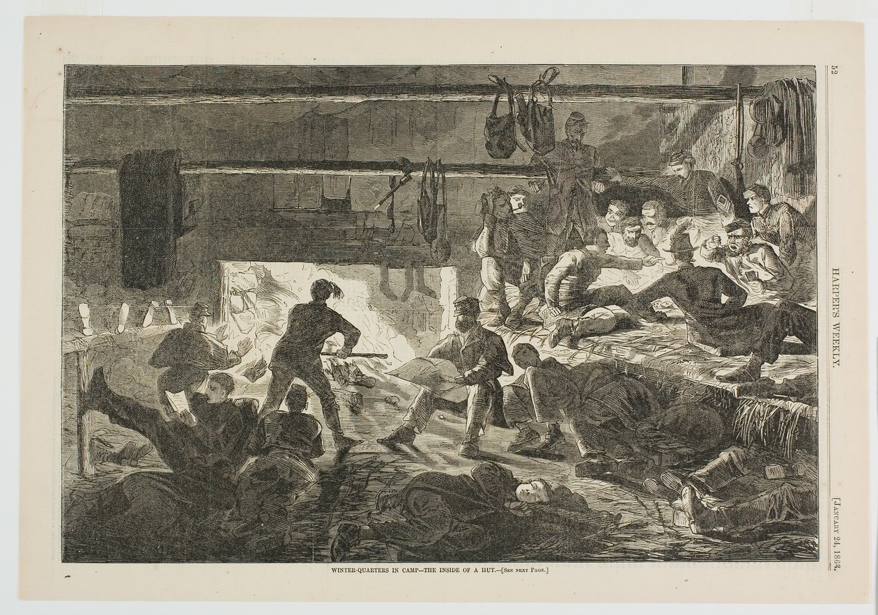 Vinterkvarter i lejren - indersiden af en hytte af Winslow Homer