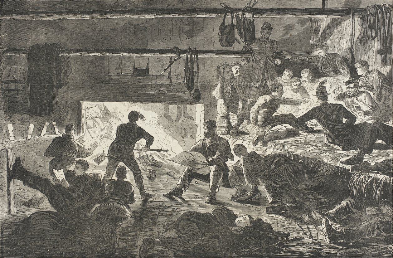 Vinterkvarter i lejren - Det indre af en hytte af Winslow Homer