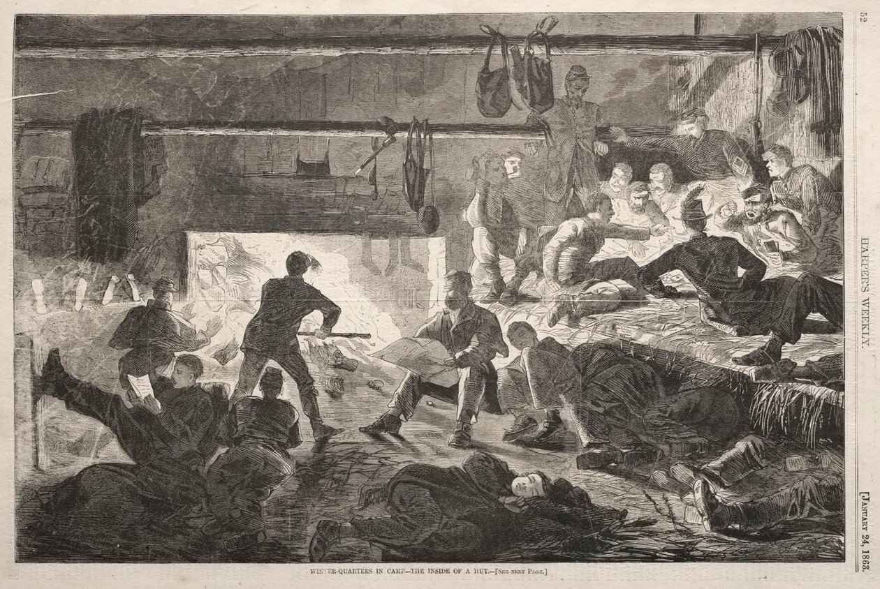 Winter Quarters in Camp - The Inside of a Hut, 1863. af Winslow Homer
