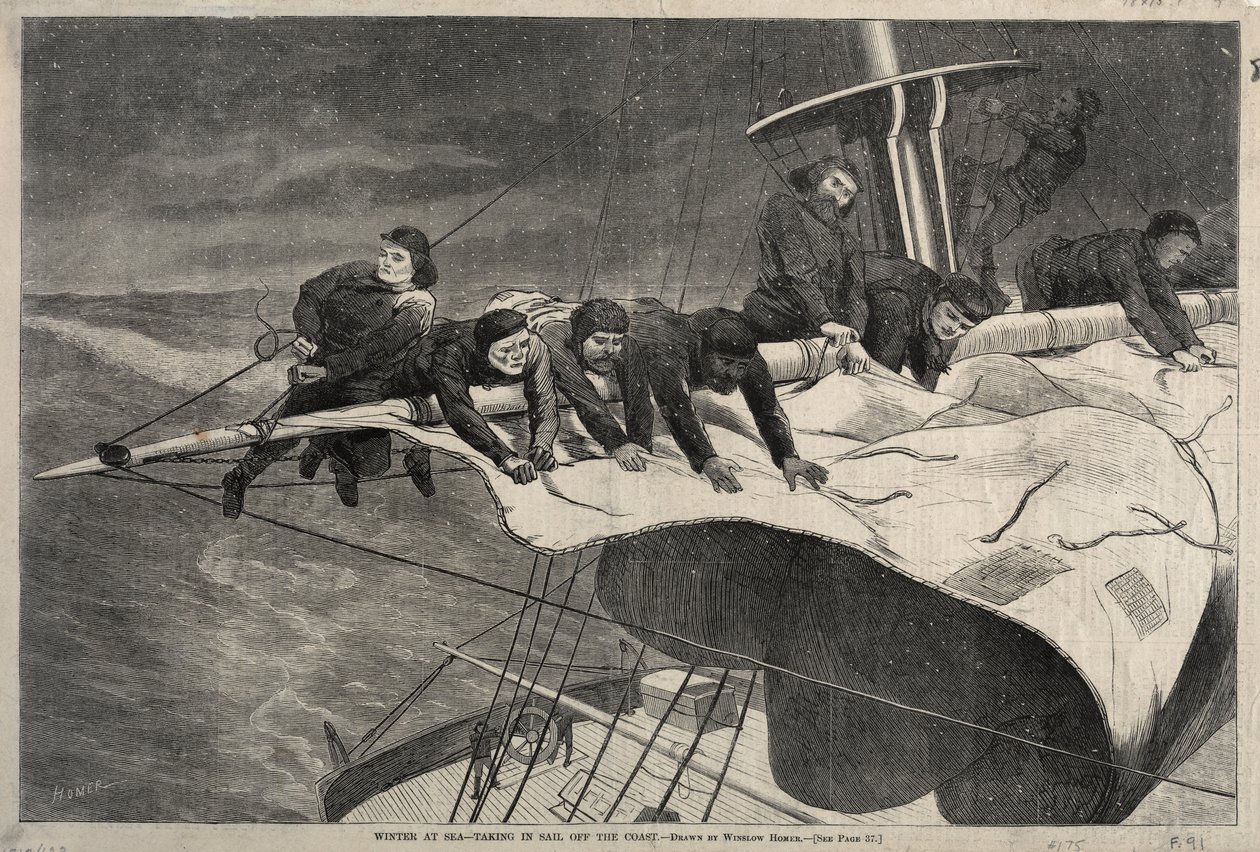 Vinter til søs – Sætning af sejl ud for kysten af Winslow Homer