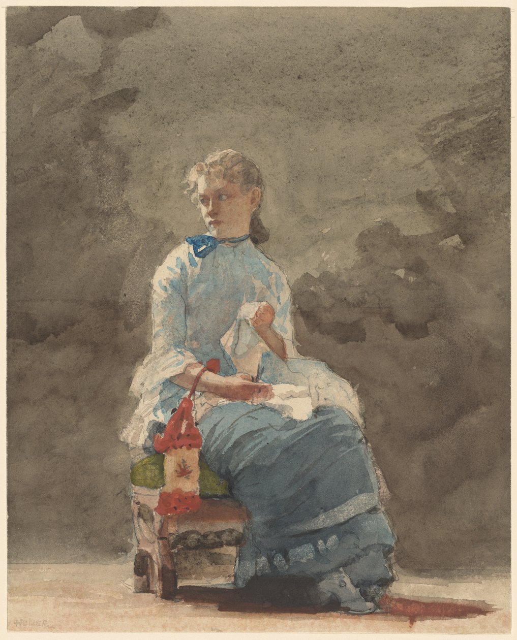Kvindesyning, 1878-9 (akvarel over grafit på råhvidt vævet akvarelpapir) af Winslow Homer