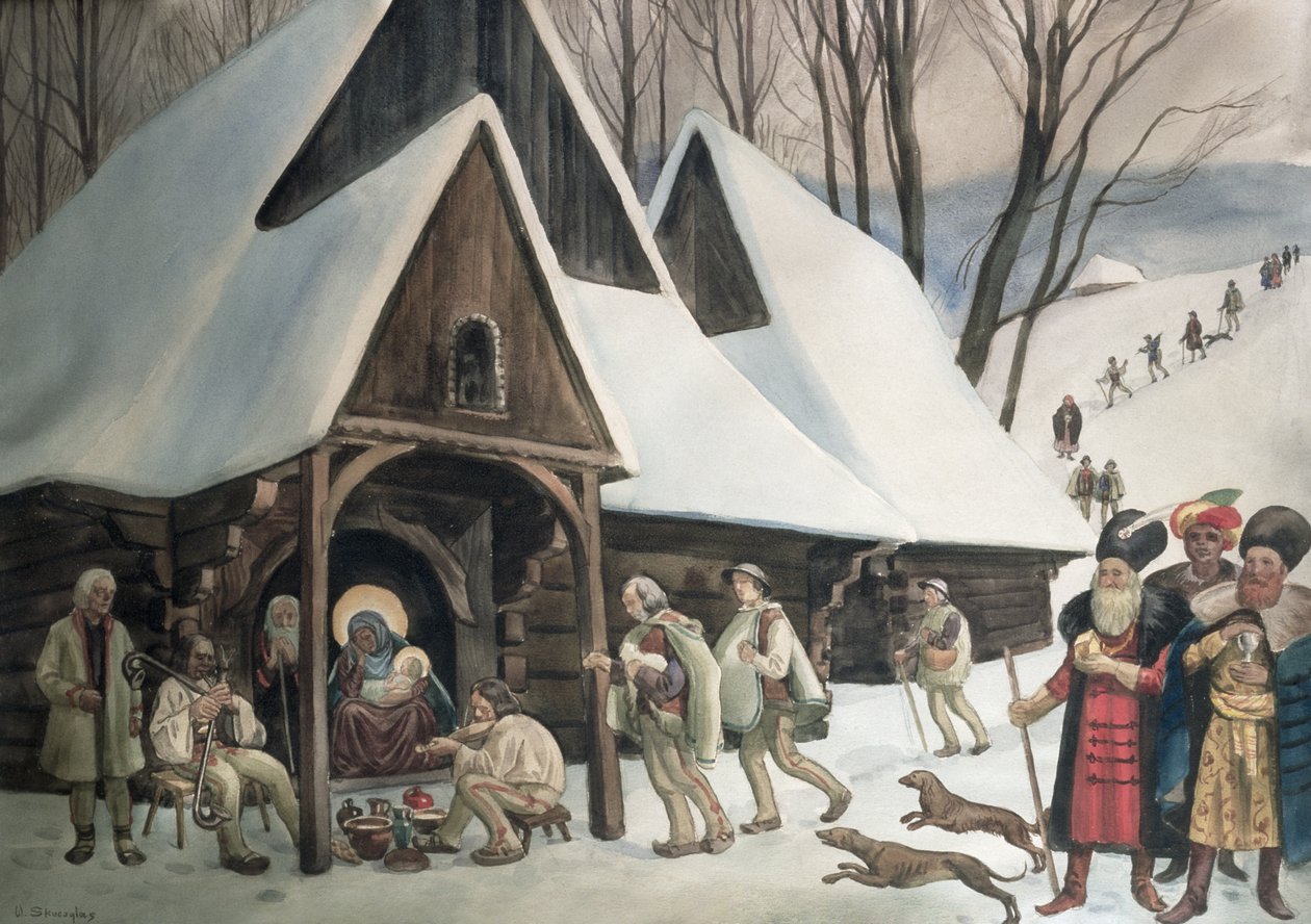 Goral Nativity Scene, ca. 1910 (wc og pen på papir) af Wladyslaw Skoczylas