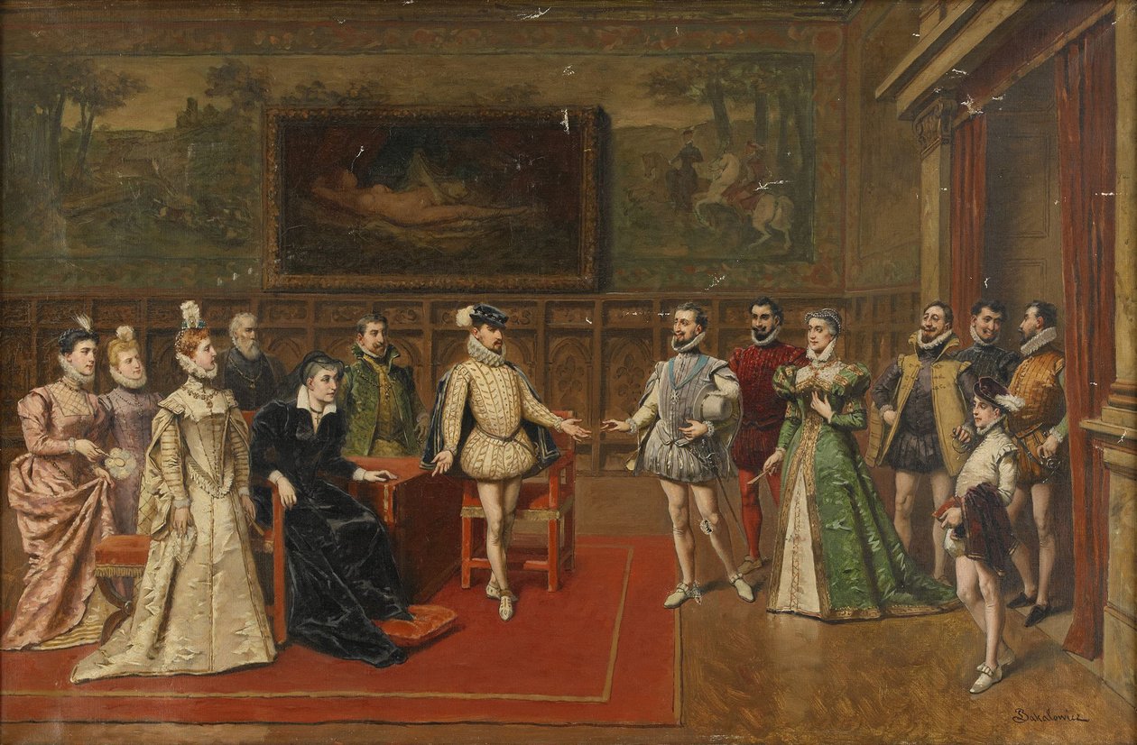 Catherine de Medici møder sine sønner Charles IX og Henry III af Wladyslaw Bakalowicz