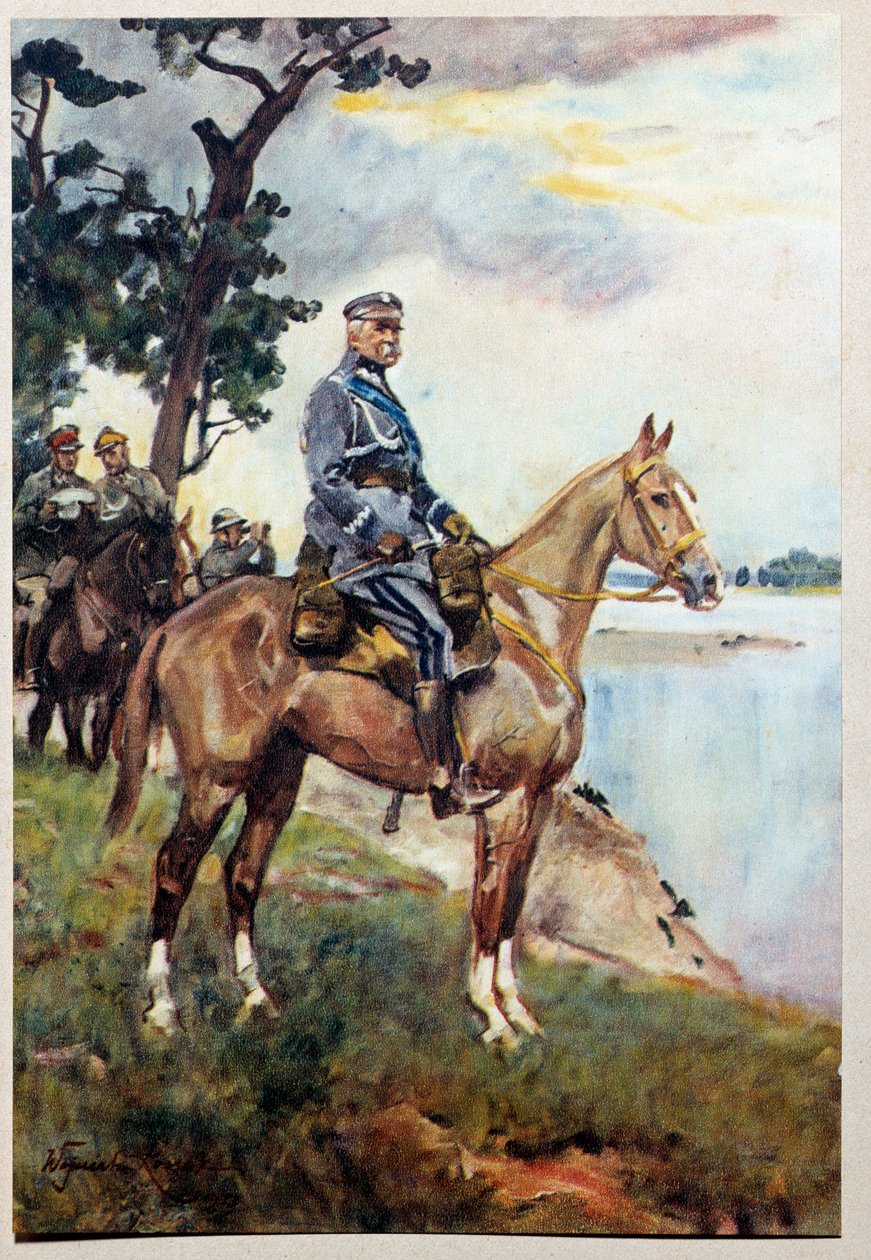 Ridesportræt af Marechal Jozef (Joseph) Klemens Pilsudski (1867-1935) på hans yndlingshest Kasztanka. Maleri af Woiciech Von Kossak (1857-1942) af Wojciech Kossak