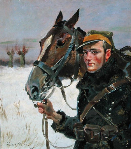 Soldat med hest af Wojciech Kossak