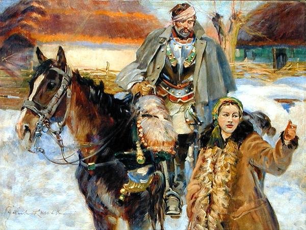 Wounded Cuirassier with a Girl, ca. 1930 (olie på lærred) af Wojciech Kossak
