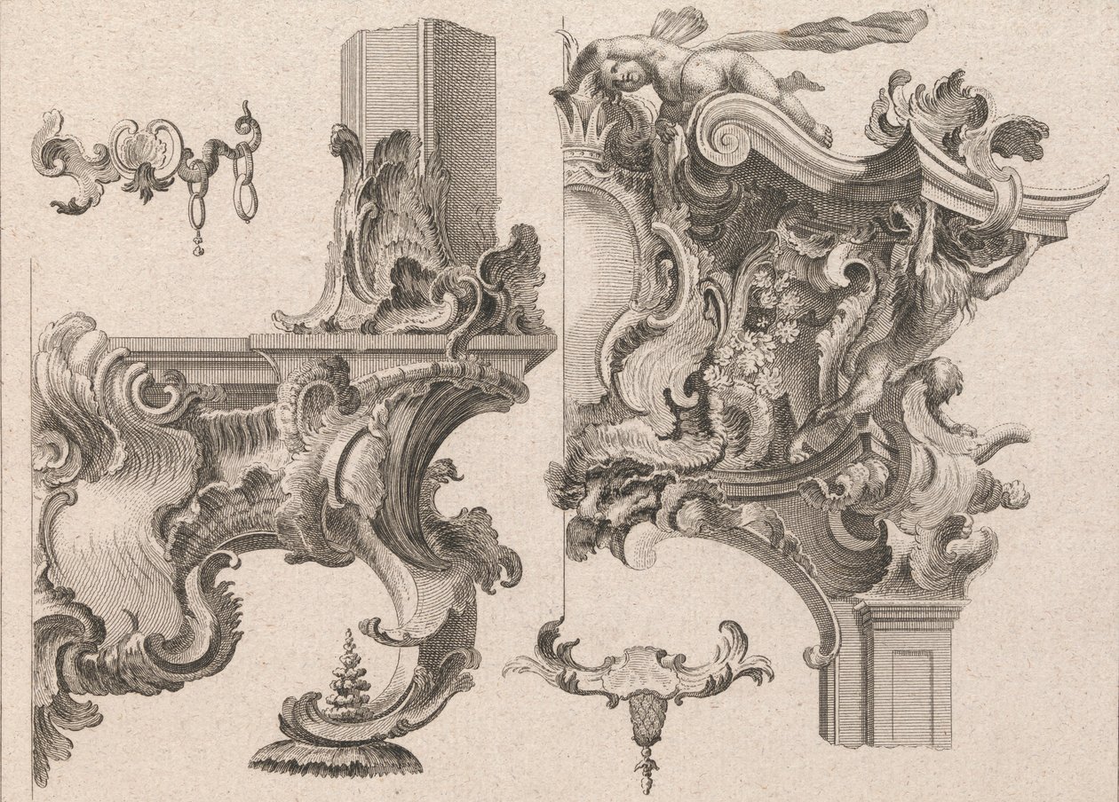 Forslag til udsmykning af nederste højre og øverste højre på en alterramme..., trykt ca. 1750-56. af Wolffgang Christoph Mayr