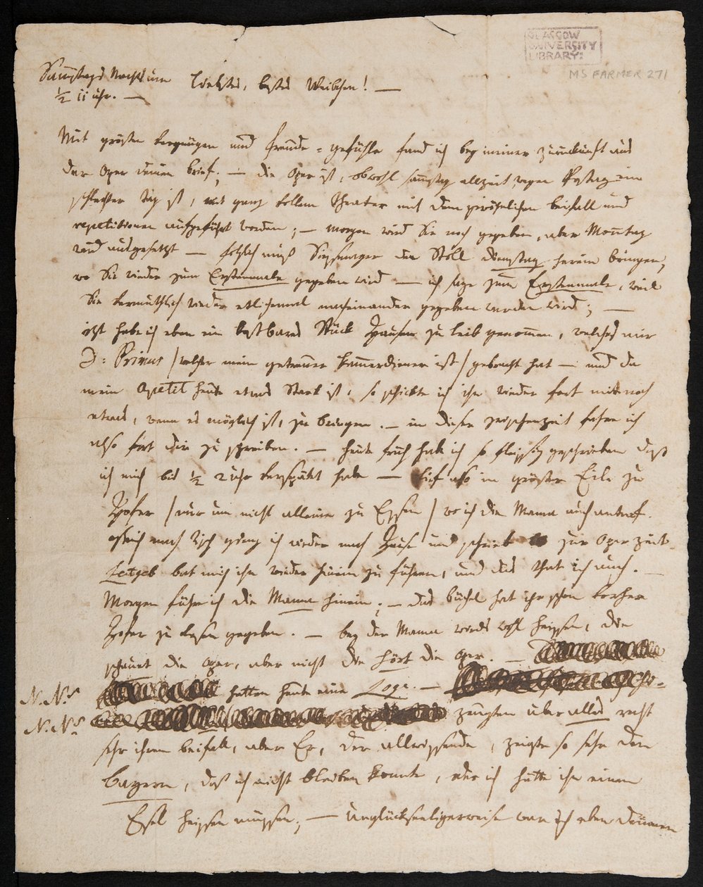 MS Farmer 2715 Brev fra W.A. Mozart til hans kone, Konstanze, 1791 (blæk på papir), side 1 af Wolfgang Amadeus Mozart