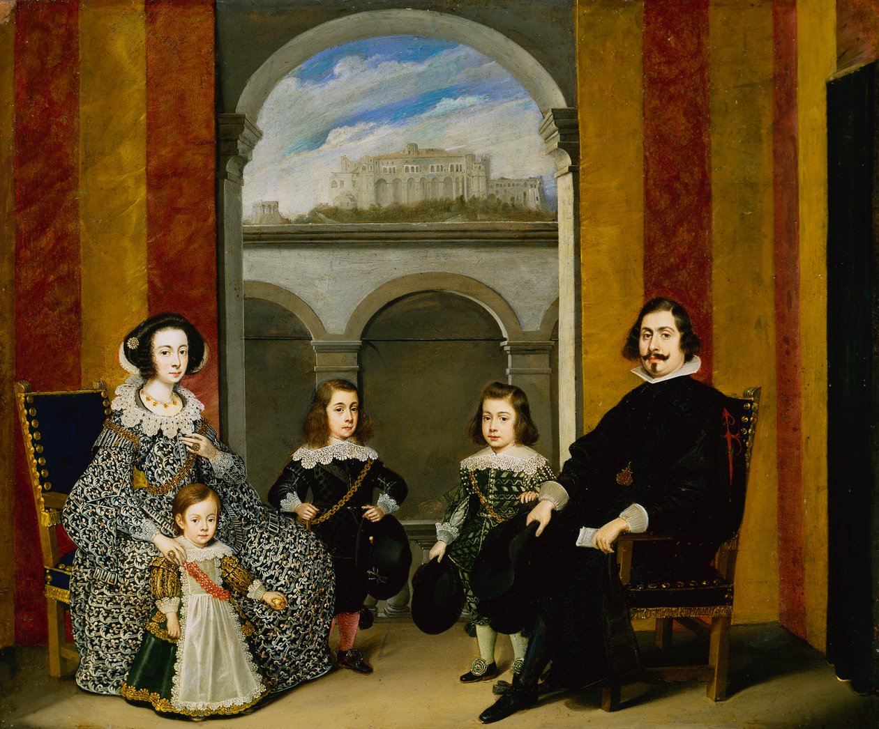 Francesco Tapia, Conte del Vasto, med sin familie siddende i et indre af Palazzo Tapia med udsigt over Castello di Sant Elmo af Wolfgang Heimbach