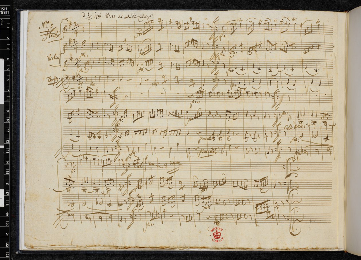 5 Kontretänze KV 609, autograf af nr. 5, Zweig MS 59, f.3v (pen  blæk på papir) af Wolfgang Amadeus Mozart