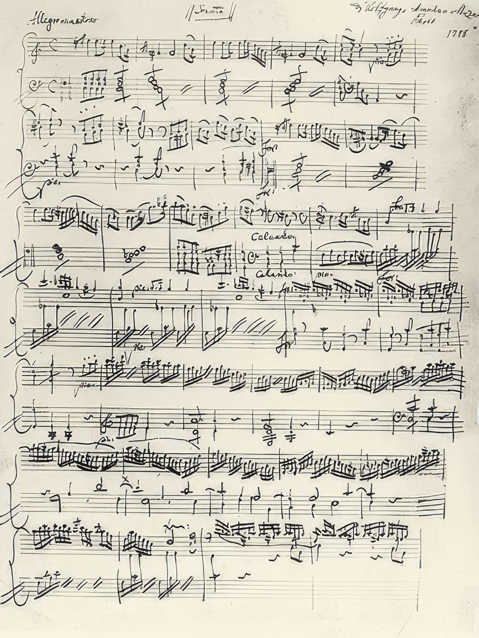 Begyndelsen af ​​klaversonaten i a-mol. KV310. Autograf. 1778 af Wolfgang Amadeus Mozart