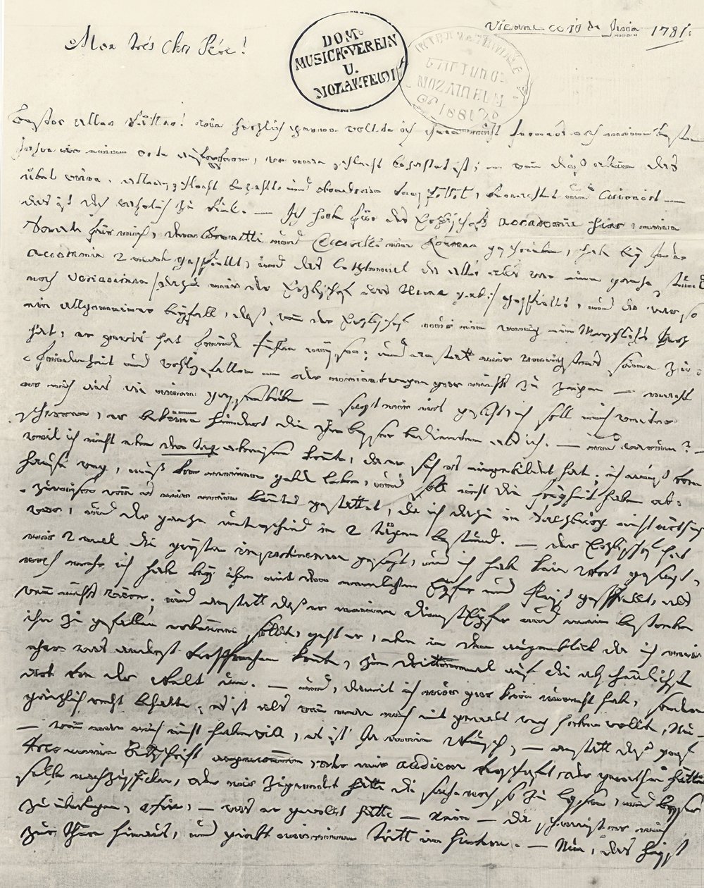 Håndskrevet brev til faderen. Wien den 13. juni 1781 af Wolfgang Amadeus Mozart